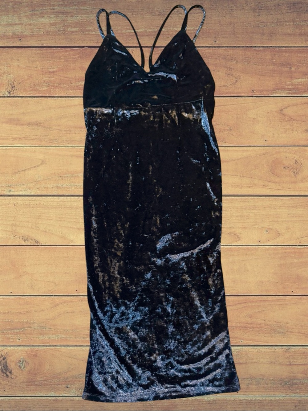 Black Crushed Velvet Midi Dress Plunging V-Neck Caged Open Back Double Strap M - Picture 7 of 16